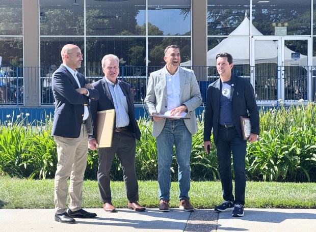 Bellarmine College Prep alumni, from left, San Jose Councilmember George Casey, State Sen. Dave Cortese, U.S. Rep. Sam Liccardo and San Jose Councilmember Michael Mulcahy wait together before presenting commendations at Bell-A-Palooza, a celebration of the school's 175th anniversary on Saturday, May 9, 2026. (Sal Pizarro/Bay Area News Group)