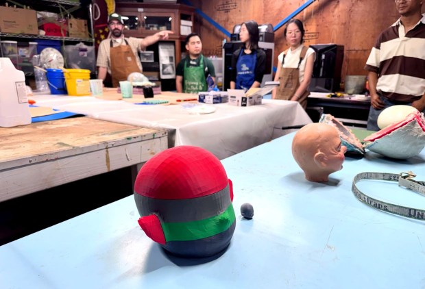 A form for an elf's head created using a 3D printer is part of a San Jose State student project to redesign Christmas in the Park's "Countdown to Christmas" display for the 2026 season in downtown San Jose. (Sal Pizarro/Bay Area News Group)