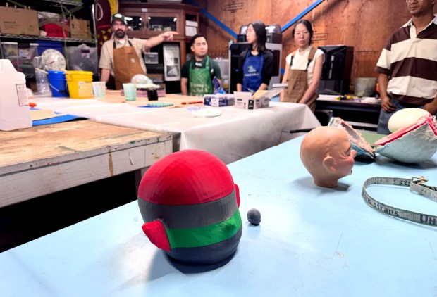 A form for an elf's head created using a 3D printer is part of a San Jose State student project to redesign Christmas in the Park's "Countdown to Christmas" display for the 2026 season in downtown San Jose. (Sal Pizarro/Bay Area News Group)