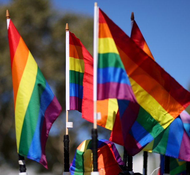 Pride flags displayed during the Silicon Valley Pride Parade along Market Street on Sunday, Aug. 25, 2024, in San Jose, Calif. (Aric Crabb/Bay Area News Group)