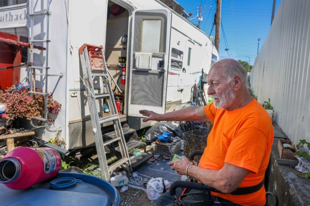 Kelly Thompson, who has been homeless for more than seven years, talks about his experience living in his RV at a homeless encampment at 24th and Campbell streets in West Oakland of Oakland, Calif., on Wednesday, April 29, 2026. (Ray Chavez/Bay Area News Group)