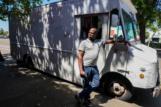 Sir Frederick, who has been homeless for more than seven years, talks about his experience living in his RV at a homeless encampment at 14th and Poplar streets in West Oakland of Oakland, Calif., on Wednesday, April 29, 2026. (Ray Chavez/Bay Area News Group)
