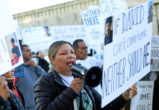 The mother of David Gutierrez, takes part in a rally with family members and supporters outside of the Santa Clara County Juvenile Center on Tuesday, March 18, 2025, in San Jose, Calif. David Gutierrez ,15, was killed in a stabbing at Santa Row on Valentines Day. (Aric Crabb/Bay Area News Group)