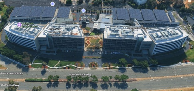 Great America Commons office complex on Great America Parkway in Santa Clara, bird's-eye view, seen in September 2025. (Google Maps)