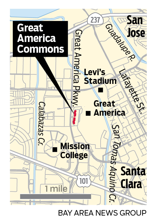 Map locating Great America Commons, next to Great America theme park and Levi Stadium in Santa Clara California.