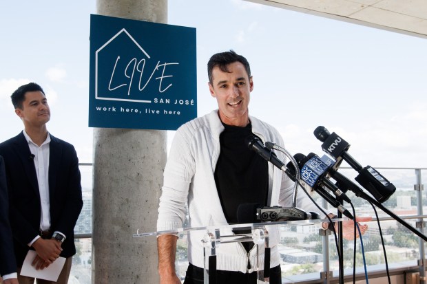 Andrew Jacobson, a San Jose-based real estate executive, speaks during a news conference in which San Jose Mayor Matt Mahan announced the start of the city's Lower Income Voucher and Equity (LIVE) program to encourage affordable housing at 10 E. Reed Street in downtown San Jose's SoFA District on Tuesday, May 26, 2026 in San Jose, Calif. (Dai Sugano/Bay Area News Group)