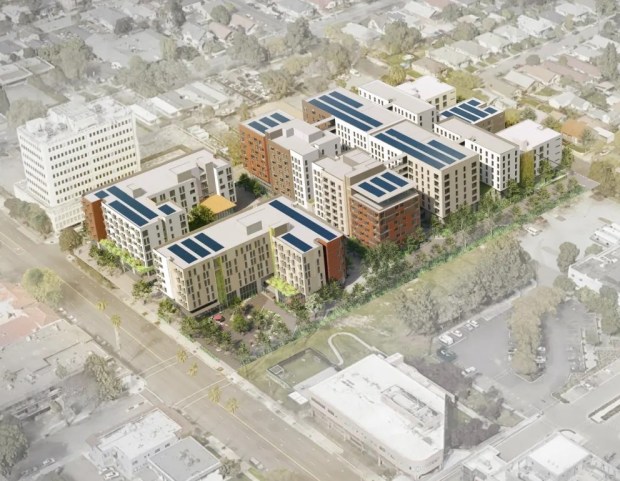 Affordable homes development at 675 East Santa Clara Street in downtown San Jose that could consist of 661 residences, bird's-eye view, concept.(David Baker Architects)