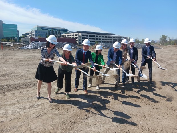 Business executives and local and state government officials break ground on the LS Power Skyline electricity terminal at 200 Ryland Street in downtown San Jose, one of two company projects that will create enough electricity capacity for 1 million homes in San Jose and nearby.(George Avalos/Bay Area News Group)