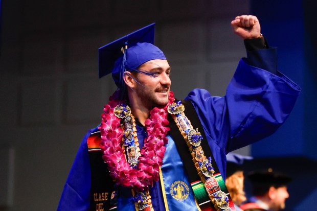 Alberto Jose Chacon Arias celebrates during The Lucas College and Graduate School of Business graduation ceremony at SJSU in San Jose, Calif., on Thursday, May 21, 2026. (Shae Hammond/Bay Area News Group)