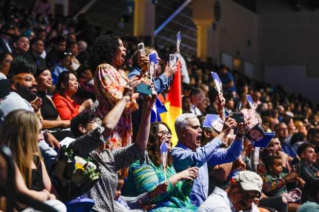 Family cheers during The Lucas College and Graduate School of Business graduation ceremony at SJSU in San Jose, Calif., on Thursday, May 21, 2026. (Shae Hammond/Bay Area News Group)