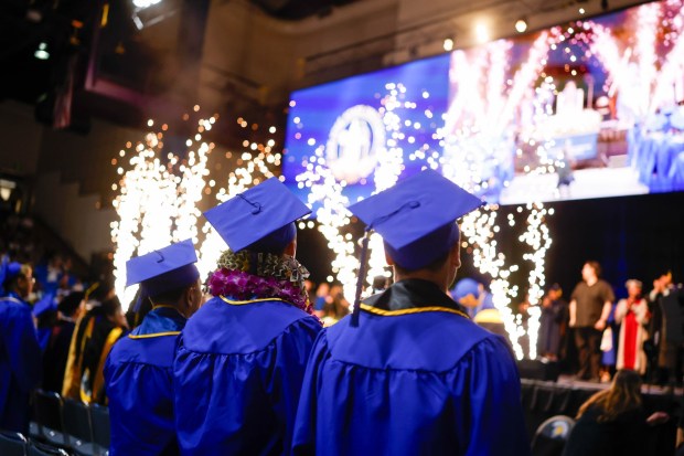 Graduates celebrate during The Lucas College and Graduate School of Business graduation ceremony at SJSU in San Jose, Calif., on Thursday, May 21, 2026. (Shae Hammond/Bay Area News Group)