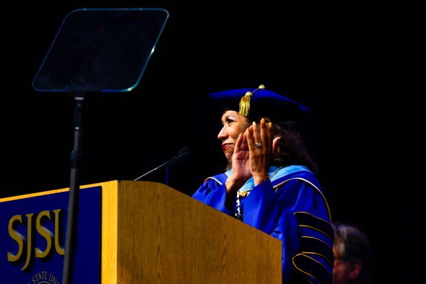 President of San Jose State University Dr. Cynthia Teniente-Matson speaks during The Lucas College and Graduate School of Business graduation ceremony at SJSU in San Jose, Calif., on Thursday, May 21, 2026. (Shae Hammond/Bay Area News Group)