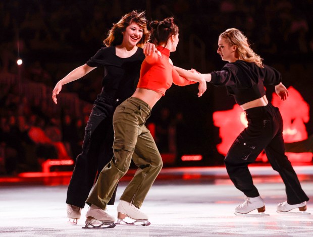 (Left to right) Alysa Liu, Isabeau Levito, and Amber Glenn skate in a circle together during the 2026 Stars on Ice tour at SAP Center in San Jose, Calif., on Sunday, May 17, 2026. (Shae Hammond/Bay Area News Group)