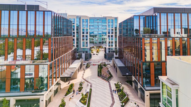 Two downtown Sunnyvale office buildings on West Washington Avenue, part of the Cityline Sunnyvale mixed-use development.(CBRE, Hunter Partners)