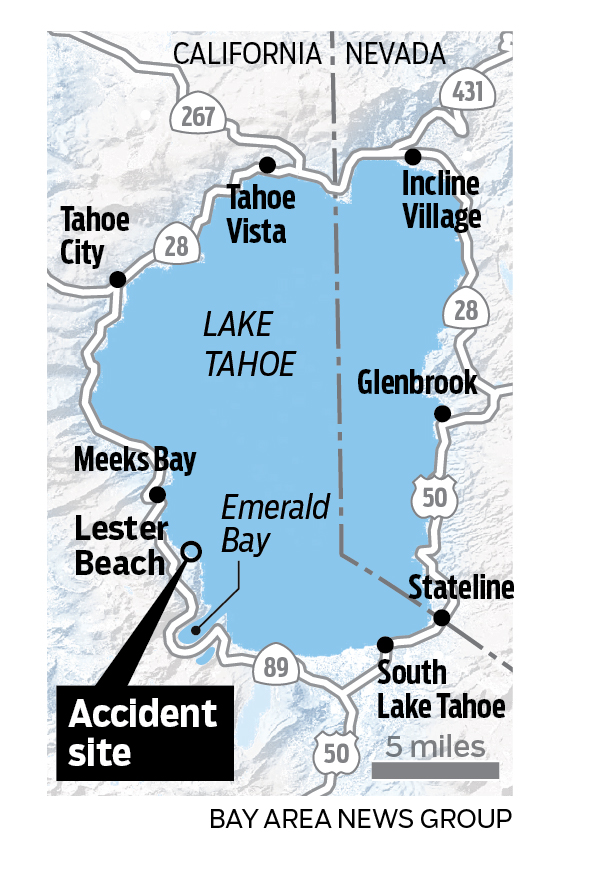 Map showing the location where a boat capsized during a storm on Lake Tahoe last June, resulting in the drowning of eight people.
