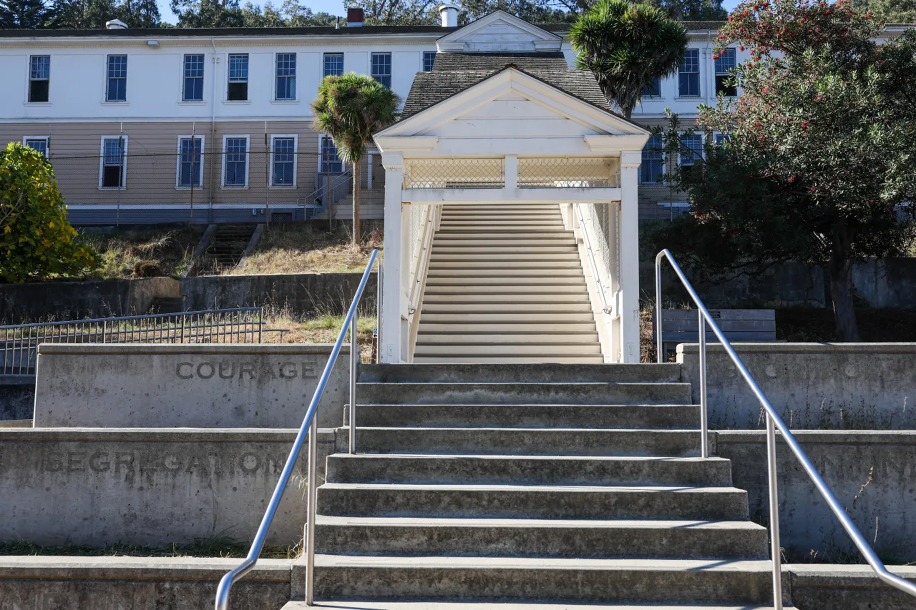 Steps lead up to the historic Angel Island Immigration Station,...