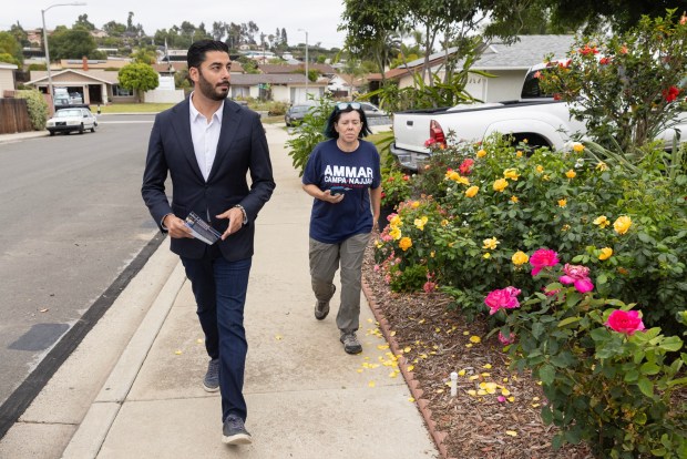 Ammar Campa-Najjar, left, and Andi McNew canvas on Tuesday, May 12, 2026, in Escondido. (Luke Johnson / The San Diego Union-Tribune)
