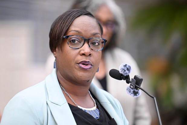 Assemblymember LaShae Sharp-Collins speaks at a news conference discussing AB 847, her legislation to expand access to law enforcement personnel records, on Nov. 6, 2025, in San Diego. (Denis Poroy / For The San Diego Union-Tribune)