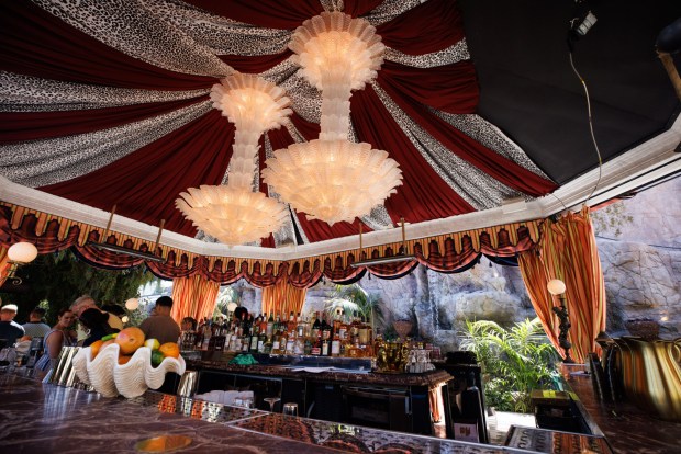 The bar at the Night Hawk restaurant, a Greek open-fire dining venue at the Baby Grand hotel at Coronado. (Kristian Carreon / The San Diego Union-Tribune)