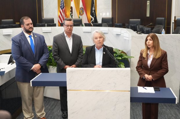 From left to right, San Diego County Assessor Jordan Marks, San Diego County Supervisor Joel Anderson, San Diego County Sheriff Kelly Martinez and San Diego County District Attorney Summer Stephan meet with news media during a press conference on Anderson's proposed charter rewrite measure at the San Diego County Administration Building on Friday, May 15, 2026. (Michael Ho / For The San Diego Union-Tribune)