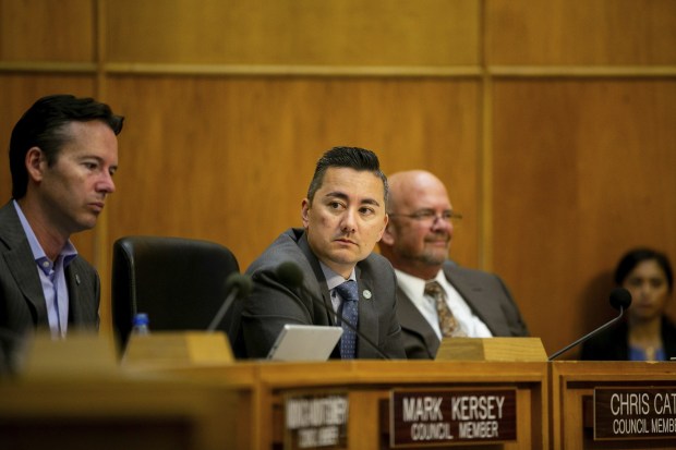 Former San Diego City Councilmember Chris Cate, now CEO of the San Diego Regional Chamber of Commerce, appears at a council meeting in August 2019. (Sam Hodgson / The San Diego Union-Tribune)
