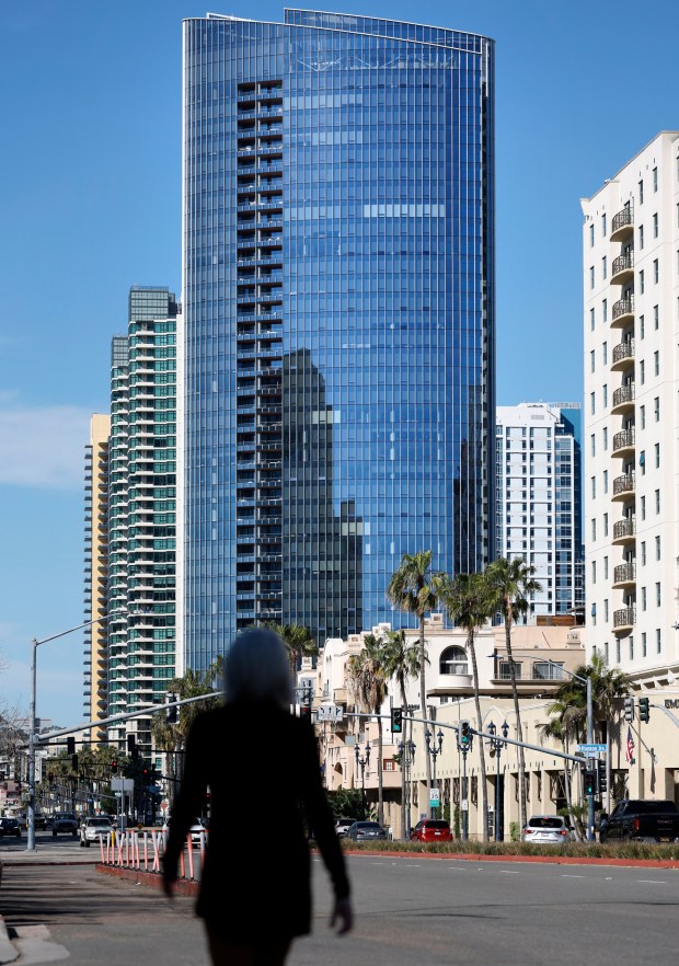 San Diego, CA - February 25: The Pacific Gate is seen along Pacific Highway on February 25, 2026 in San Diego, CA. The San Diego City Council Rules Committee will hear a proposed ballot measure that would impose a hefty tax on thousands of empty second homes in buildings such as this in San Diego. (K.C. Alfred / The San Diego Union-Tribune)