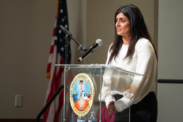 Harmeena Omoto speaks at the Citizens of Courage Awards. Omoto, a principal, is being honored at the Citizens of Courage Awards for her leadership during a serious threat at her school on April 24, 2026, at the Liberty Station Conference Center. (McKenzie Patterson / For The San Diego Union-Tribune)