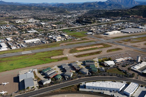 In an aerial view, Gillespie Field airport is seen in January in El Cajon. (K.C. Alfred / The San Diego Union-Tribune)