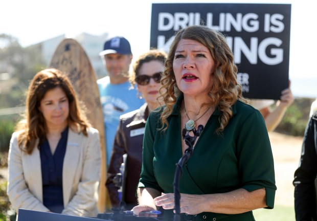 SOLANA BEACH, CA - NOVEMBER 25, 2025: State Assembly member Tasha Boerner speaks during a press conference put on by Congressman Mike Levin criticizing the Trump Administration's decision to allow more oil drilling off the Southern California coast at the Fletcher Cove Community Center in Solana Beach on Tuesday, November 25, 2025. (Hayne Palmour IV / For The San Diego Union-Tribune)