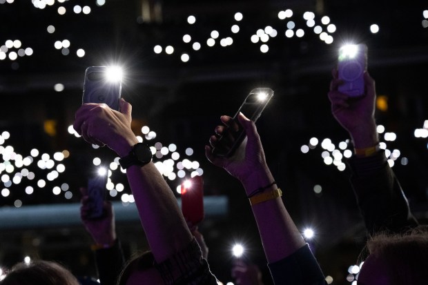 San Diego, CA - Fans hold up their flashlights to honor loved ones touched by cancer before P!nk performs as part of the Curebound Concert for Cures on Friday, May 15, 2026, at Petco Park in San Diego, Calif. The Curebound Concert for Cures is a benefit concert where funds are donated to cancer research. (Luke Johnson / The San Diego Union-Tribune)