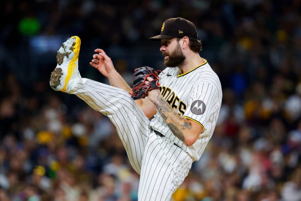 Lucas Giolito #55 of the San Diego Padres pitches against the Athletics during the fourth inning at Petco Park on Saturday, May 23, 2026 in San Diego, California. (Meg McLaughlin / The San Diego Union-Tribune)