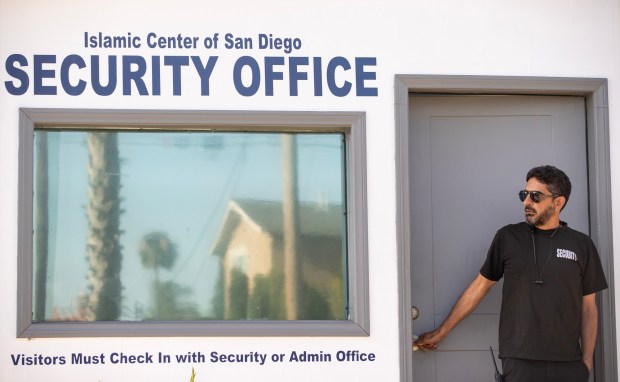 San Diego, CA - A security guard stands watch at the recently funded security center at the San Diego Islamic Center in San Diego on Friday, May 22, 2026. (Luke Johnson / The San Diego Union-Tribune)