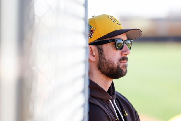 Padres hitting coach Steven Souza watches batting practice during spring training workouts at the Peoria Sports Complex on Thursday, Feb. 12, 2026 in Peoria, Ariz.(Meg McLaughlin / The San Diego Union-Tribune)