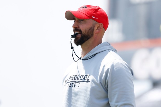 San Diego State coach Sean Lewis looks on during the 2026 Spring Game at practice fields on campus on Saturday, May 2, 2026 in San Diego, California. (Meg McLaughlin / The San Diego Union-Tribune)