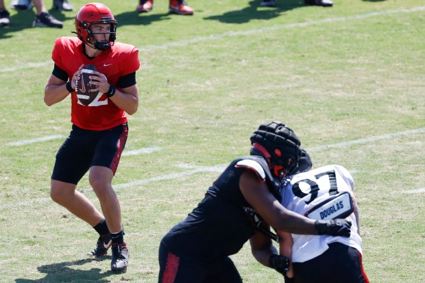 Stone Saunders of San Diego State looks to pass during the 2026 Spring Game at the practice fields on campus on Saturday, May 2, 2026 in San Diego, California. (Meg McLaughlin / The San Diego Union-Tribune)