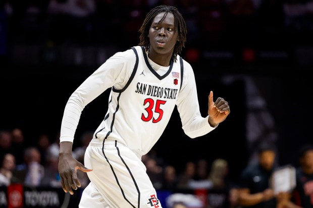 SDSU forward Magoon Gwath in his final game at Viejas Arena, a win against UNLV on March 6. (Meg McLaughlin / The San Diego Union-Tribune)