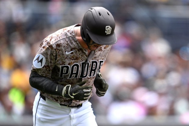 Jackson Merrill of the San Diego Padres reacts after popping out to end the fourth inning against the Athletics at Petco Park on May 24, 2026 in San Diego, California. (Photo by Orlando Ramirez/Getty Images)
