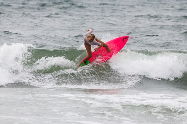 Coral McIntyre, 18, surfs during her heat at the 10th annual OB Pier Surf and Skate Classic at Ocean Beach on Saturday, May 2, 2026. (Kristian Carreon / The San Diego Union-Tribune)