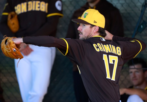 Griffin Canning throws during a spring training practice on February 19, 2026 in Peoria, AZ. (K.C. Alfred / The San Diego Union-Tribune)