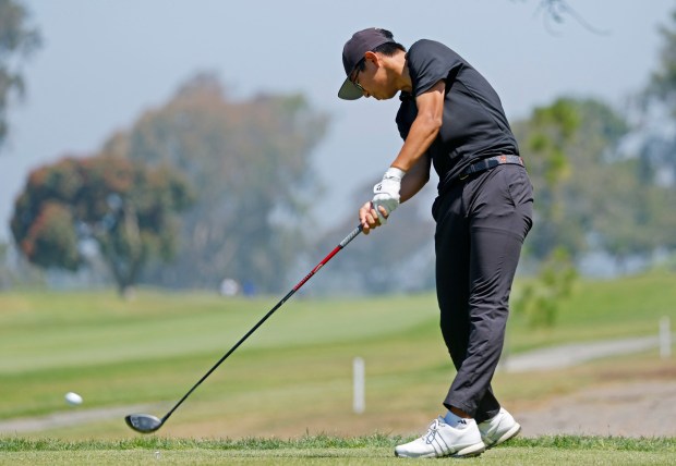 Evan Liu of Torrey Pines High School tees off on the Torrey Pines South course during the CIF San Diego Section boys golf championships on May 20, 2026 in San Diego, CA. (K.C. Alfred / The San Diego Union-Tribune)