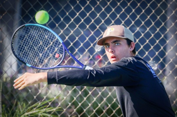 Francis Parker tennis star Noah Bouzoubaa hits during practice at the Pacific Beach Tennis Center on Wednesday, April 15, 2026. (Sandy Huffaker / For The San Diego Union-Tribune)