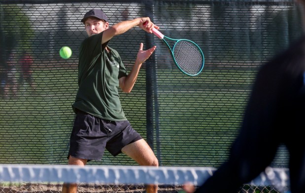 Francis Parker tennis star Ilias Bouzoubaa hits during practice at the Pacific Beach Tennis Center on Wednesday, April 15, 2026. (Sandy Huffaker / For The San Diego Union-Tribune)