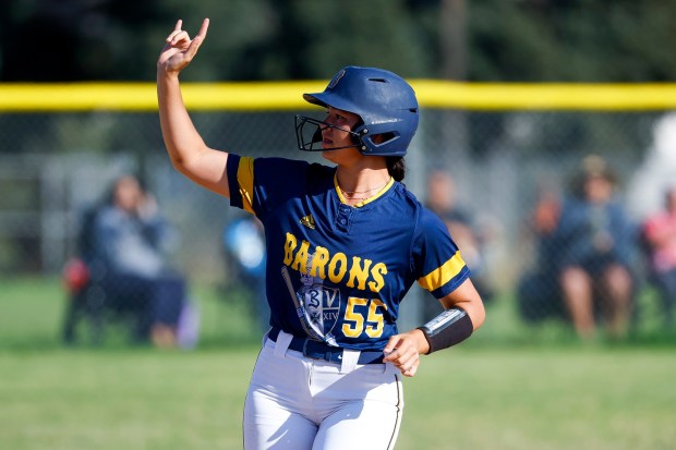 Bonita Vista's Leila Keeran #55 rounds the bases after a home run against Otay Ranch during their game at Bonita Vista High School on Wednesday, May 6, 2026 in Chula Vista, California. (Meg McLaughlin / The San Diego Union-Tribune)