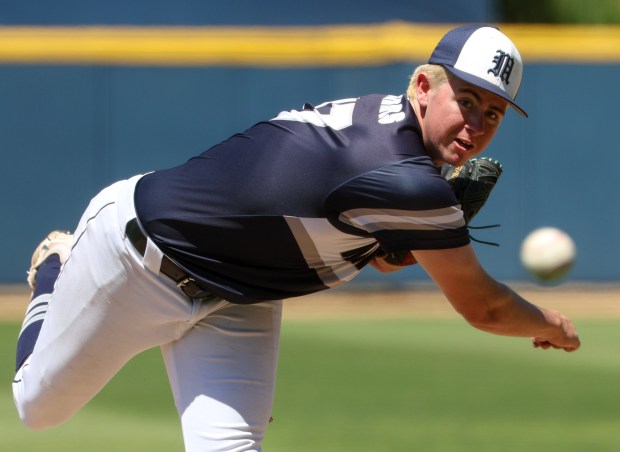 Madison's pitcher Jeremiah Jennings delivers to Mt. Carmel in the first inning of the CIF Division 1 championship at USD's Fowler Park in San Diego on Saturday, May 30, 2026. (Hayne Palmour IV / For The San Diego Union-Tribune)