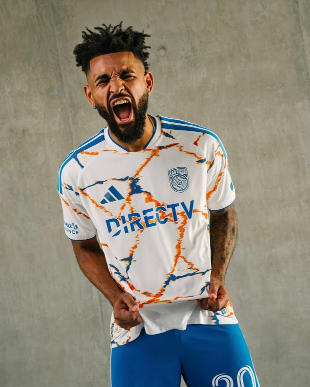 Anibal Godoy models what San Diego FC calls the Unprecedented Unity kit. (San Diego FC)