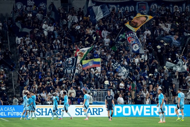 Minnesota United FC celebrates scoring during last month's MLS match against SDFC at Snapdragon Stadium in San Diego, CA. (Xavier Hernandez for the UT)