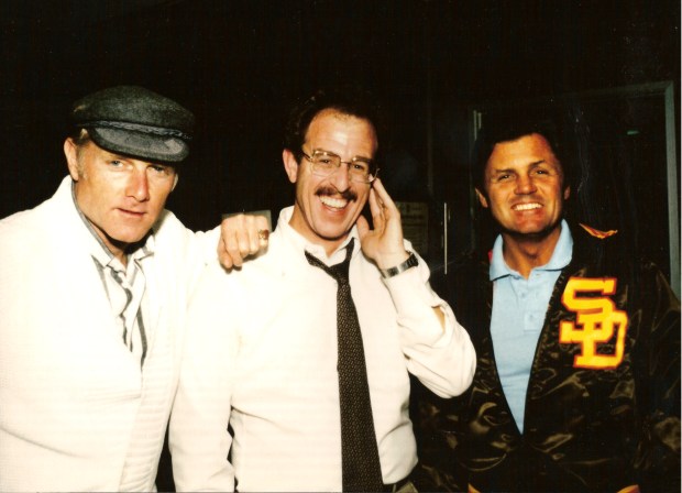 Andy Strasberg, center, poses with Mike Love and Bruce Johnston of The Beach Boys. Strasberg, a longtime San Diegan, helped arrange for The Beach Boys to play after Padres games at Jack Murphy Stadium in the 1980s and 90s. (Andy Strasberg)