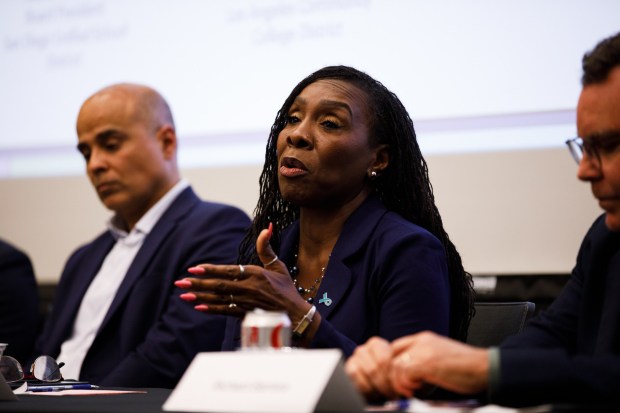Nichelle Henderson, trustee with Los Angeles Community College District, speaks during a candidate forum for California superintendent of public instruction at San Diego City College on Thursday, April 16, 2026. (Kristian Carreon / The San Diego Union-Tribune)