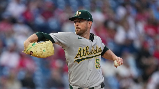 Athletics pitcher Jeffrey Springs in action during a baseball game, Wednesday, May 6, 2026, in Philadelphia. (AP Photo/Matt Rourke)