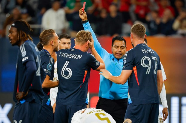 San Diego FC players react as referee Walter Lopez issues a red card to Marcus Ingvartsen #7 during the first half against Toluca at Snapdragon Stadium on March 11, 2026 in San Diego, California. (Photo by Meg McLaughlin/Getty Images)